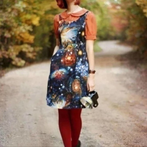 ModCloth Galaxy Space Universe Solar System Fit Flare Dress Pockets Retro Size S - Picture 1 of 14